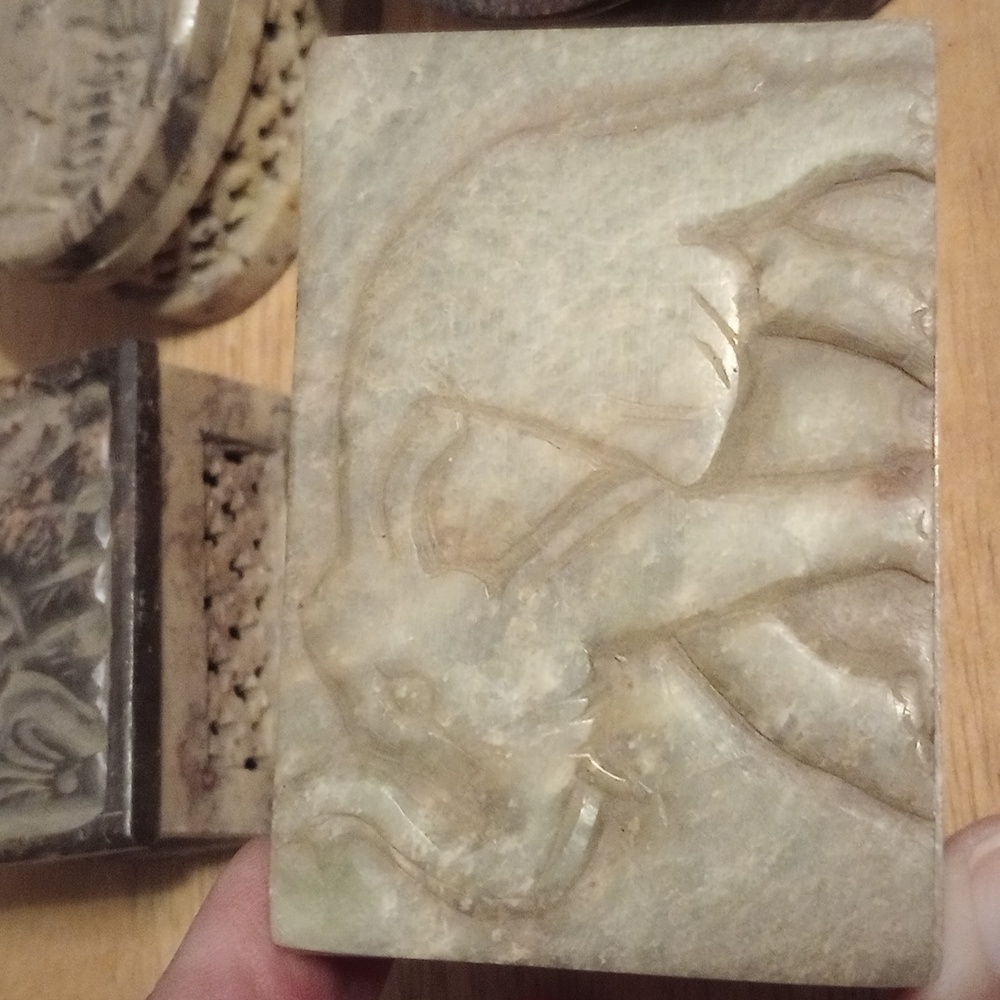 Set of Carved Stone Boxes with Elephant Design - Picture 2 of 7